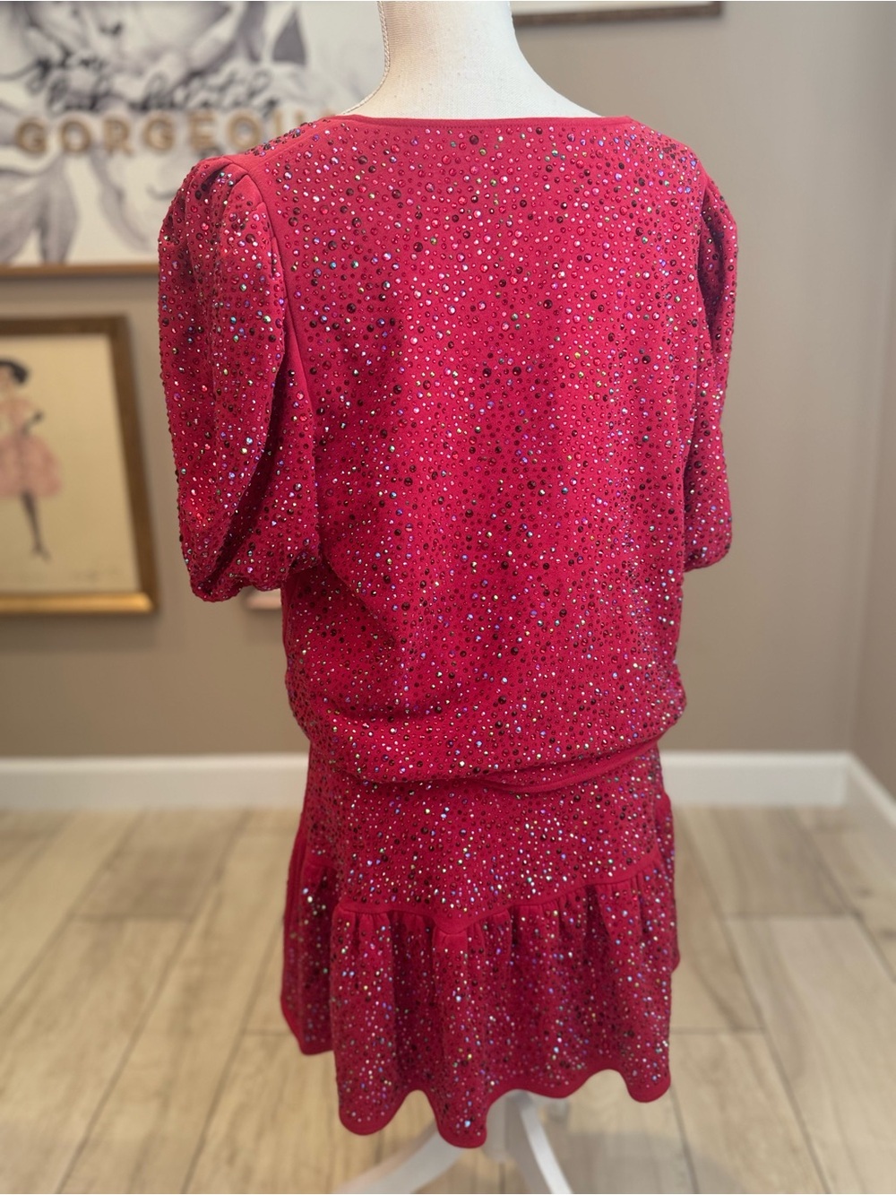 QUEEN OF SPARKLES Red Full Rhinestone Puff-Sleeve Skirt Set - Picture 9 of 12